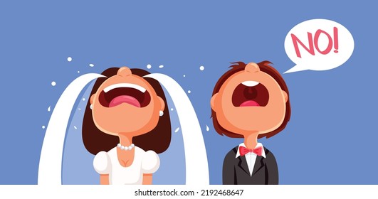 
Groom Refusing to Marry his Crying Bride Vector Cartoon Illustration. Happy bride being left at the altar by her fiancé 
