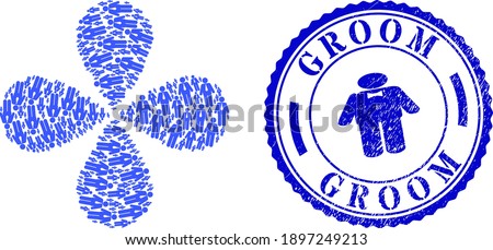Groom rotation flower shape, and blue round GROOM dirty badge with icon inside. Element flower with 4 petals composed from oriented groom items. Vector flower collage in flat style.