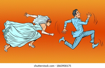 The groom runs away from the bride. A comical chase. Wedding Pop art retro illustration kitsch vintage 50s 60s style