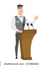 Groom speaking to audience from the tribune. Groom giving a speech from the tribune. Groom standing behind the tribune with microphones. Vector flat design illustration isolated on white background.