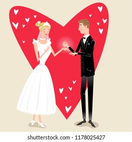 Groom in suit presenting precious ring to his bride in wedding dress, background with heart shapes (vector illustration)