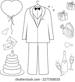 Groom suit and wedding objects set. Vector black and white coloring page.