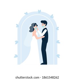 Groom takes off a bride's mask to kiss. Сoronavirus wedding. Medical protective face mask at marriage. Flat vector cartoon illustration.