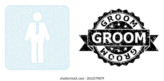 Groom textured stamp seal and vector groom mesh model. Black stamp seal has Groom title inside ribbon and rosette. Abstract 2d mesh groom, created from flat mesh.