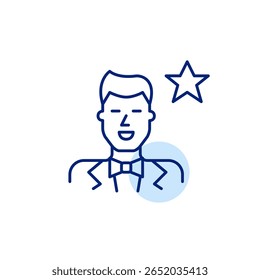 Groom in tuxedo and star. Dream wedding, top-rated service package. Pixel perfect, editable stroke vector icon