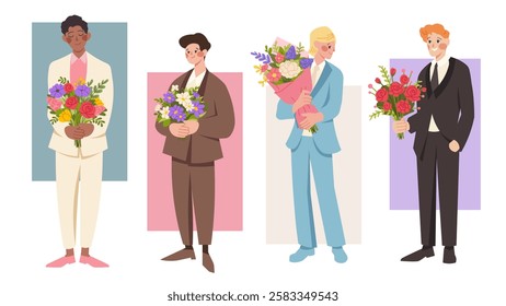 Groom in various wedding suits. Man in pink, blue, black and white suit. Man with bouquet of flowers. Vector character