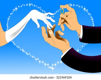 groom wears the ring on the bride's finger, vector
