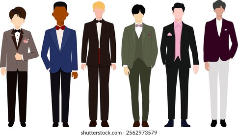 The groom. Wedding men's suit, tuxedo. Design for greeting and invitation card. Flat cartoon style vector illustration