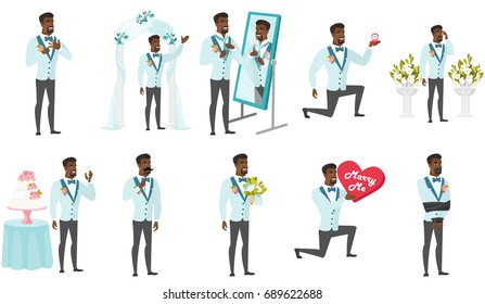 Groom and wedding scenes set. African groom making proposal, preparing before wedding, standing in front of altar, saying a toast. Set of vector flat design illustrations isolated on white background.