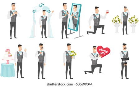 Groom and wedding scenes set. Young caucasian groom standing under wedding arch, making marriage proposal, holding bridal bouquet. Set of vector flat design illustrations isolated on white background.