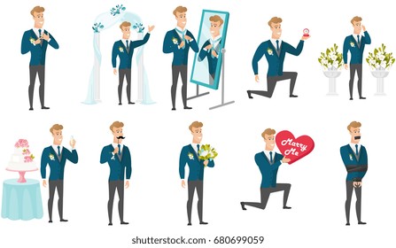 Groom and wedding scenes set. Young caucasian groom making proposal with a ring, holding fake moustache, saying a toast, kneeling. Set of vector flat design illustrations isolated on white background.