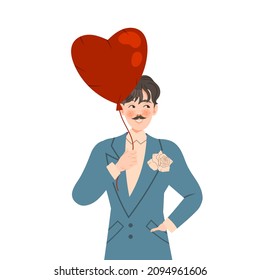 Groom, young man in suit holding red heart shape balloon vector illustration