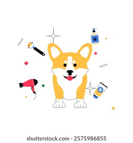 Groomed Corgi With Grooming Tools In Flat Vector Illustration Symbolizing Pet Care, Grooming Services, And Hygiene, Isolated On White Background