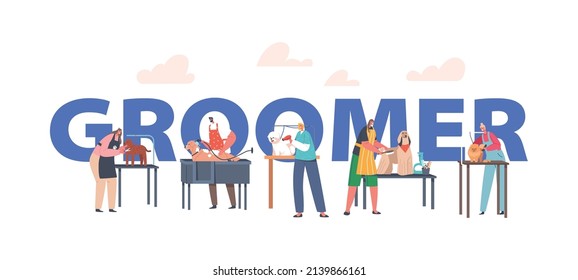 Groomer Concept. Hairdressers Characters Care of Dogs Cutting Wool, Washing, Drying and Combing in Salon for Pets. Specialists Working with Animals Poster, Banner or Flyer. Cartoon Vector Illustration