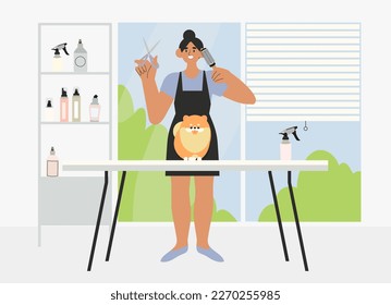 Groomer do haircut to dog. Women caring of domestic animal or pet - blow drying, cutting fur, washing. Colored vector illustration in flat cartoon style.