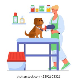 Groomer con el concepto de perro. Mujer con uniforme médico con peine y peluquería. Estilista de belleza para cachorro. Elegancia y estética. Dibujo vectorial plano de dibujos animados aislado en fondo blanco