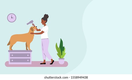 Groomer with golden retriever. 
Dog grooming salon. 
Vector illustration landing page.