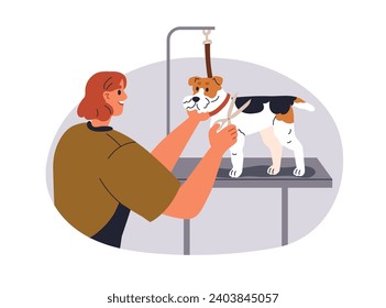 Groomer grooming dog, doing haircut, hairstyle at pet beauty salon. Cutting canine hair with scissors, styling doggies coat. Professional service. Flat vector illustration isolated on white background