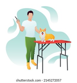 un chico groomer corta a un bello perro de corgi. fondo vectorial