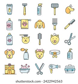 Juego de iconos de Groomer. Conjunto de esquemas de iconos de vectores de groomer color de línea delgada plano sobre blanco