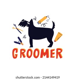 Groomer Vector Illustration With Dog And Grooming Tools. Pet Spa Concept.