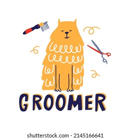 Groomer Vector Illustration With Dog And Grooming Tools. Pet Spa Concept.