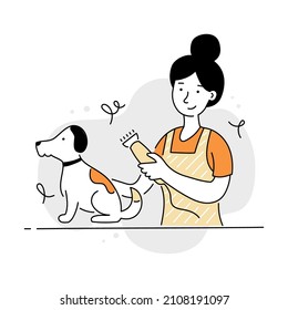 Groomer woman with dog and professional trimmer. Doodle line character icon. Pet grooming vector illustration.