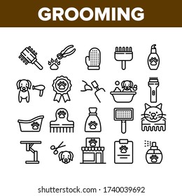 Grooming Animal Tool Collection Icons Set Vector. Equipment For Grooming Pet Claws And Wool, Washing And Drying Dog, Pet Shop And Hairbrush Concept Linear Pictograms. Monochrome Contour Illustrations