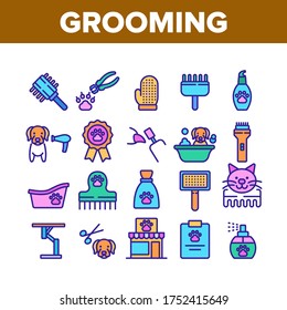 Grooming Animal Tool Collection Icons Set Vector. Equipment For Grooming Pet Claws And Wool, Washing And Drying Dog, Pet Shop And Hairbrush Color Illustrations