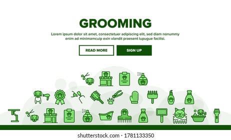 Grooming Animal Tool Landing Web Page Header Banner Template Vector. Equipment For Grooming Pet Claws And Wool, Washing And Drying Dog, Pet Shop And Hairbrush Illustrations