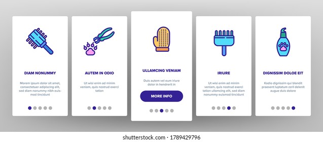 Grooming Animal Tool Onboarding Mobile App Page Screen Vector. Equipment For Grooming Pet Claws And Wool, Washing And Drying Dog, Pet Shop And Hairbrush Illustrations