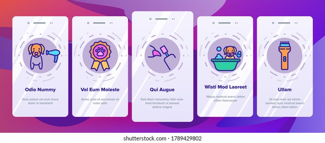 Grooming Animal Tool Onboarding Mobile App Page Screen Vector. Equipment For Grooming Pet Claws And Wool, Washing And Drying Dog, Pet Shop And Hairbrush Illustrations