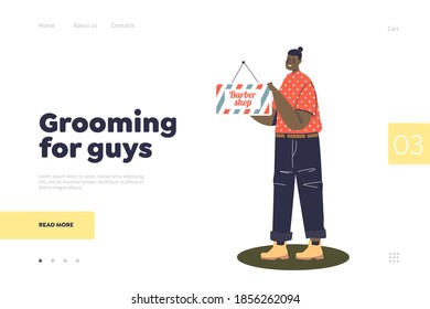 Grooming in barbershop landing page template with female worker of barber salon holding signboard for hairdresser salon entrance door. Flat vector illustration