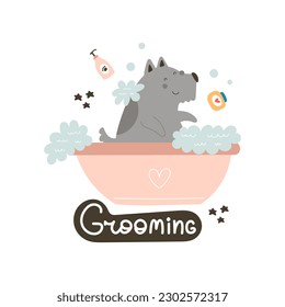 Grooming. Cartoon dog, decor elements. flat style, colorful vector for kids. Grooming. baby design for cards, poster decoration, t-shirt print