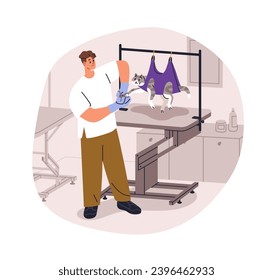 Grooming cat, cutting claws with clips. Feline hanging in hammock harness in pets beauty salon. Cute kitty during professional groomers service. Flat vector illustration isolated on white background