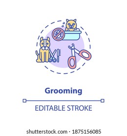 Grooming concept icon. Pet services. Animal health care salon. Little friends health. Vetirenary idea thin line illustration. Vector isolated outline RGB color drawing. Editable stroke