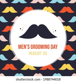 Men’s grooming day greeting card, vector illustration with cute cartoon style moustache seamless pattern.