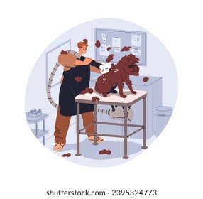 Grooming dog in canine beauty salon. Express shedding, molting with vacuum blow dryer. Groomer removing doggies fur, hair, shaggy coat. Flat graphic vector illustration isolated on white background