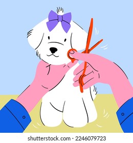 Grooming of a Dog. Cute puppy. Pet grooming salon, professional animal care concept. Dog trimmed with scissors. Cartoon style. Hand drawn trendy Vector illustration. Logo, print, poster template