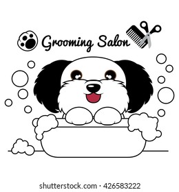 Grooming Dog Salon , Dog in tub and bubbles soap. Vector Illustration 