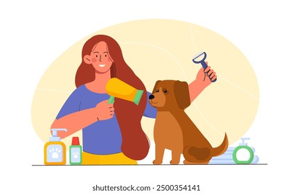 Grooming for dog. Woman with hairdryer and comb near puppy. Taking care of pets and domestic animals. Cleanliness and hygiene. Flat vector illustration isolated on white background