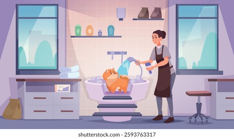 Grooming dogs. Professional pet services exact vector cartoon background with domestic animals