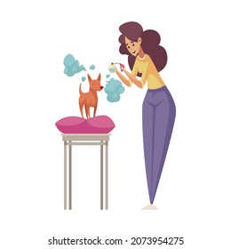 Grooming flat composition with character of girl spraying parfume on her little dog vector illustration