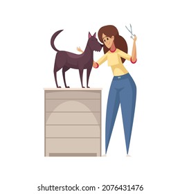 Grooming Flat Composition With Dog Standing On Cabinet And Woman Holding Scissors Vector Illustration