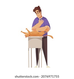 Composición plana creciente con el personaje masculino del dueño del gato tachándolo de ilustración vectorial