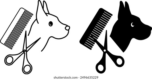 Grooming Icons. Black and White Vector Icons. Dog, Scissors, and Comb. Pet Salon Grooming. Groomer Services