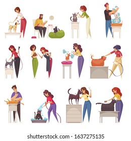 Grooming icons set with cats and dogs flat isolated vector illustration