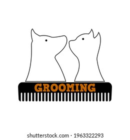 Grooming logo design template. Dog, cat and comb.  Vector clipart and drawing. Isolated illustration on white background.