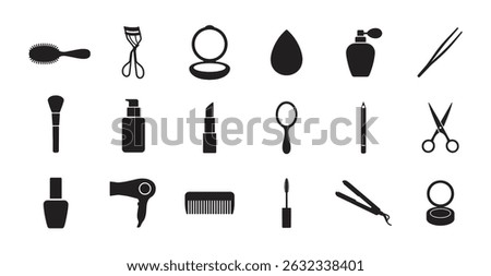 Grooming makeup tool silhouette design bundle, set of modern beauty product symbol clip art, logo icon