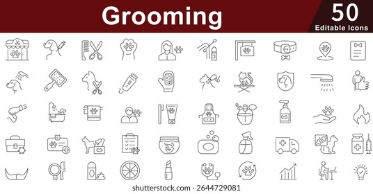 Grooming Personal Care Icon Set - 50 Editable Beauty Hygiene Icons for Salon, Barbershop and Self-Care Services Vector Collection